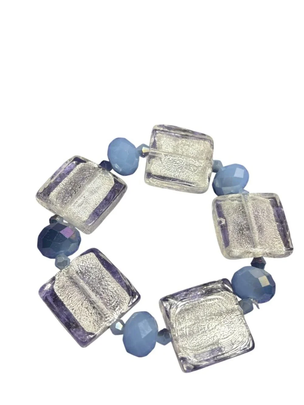 Clear and Light Blue Glass Beaded Stretchy Bracelet 6.25 inches Unstretched